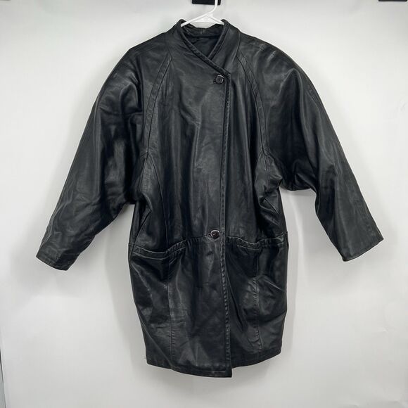 VTG Michael Hoban North Beach Black Leather Trench Coat Jacket 80’s Lagenlook - Picture 1 of 8